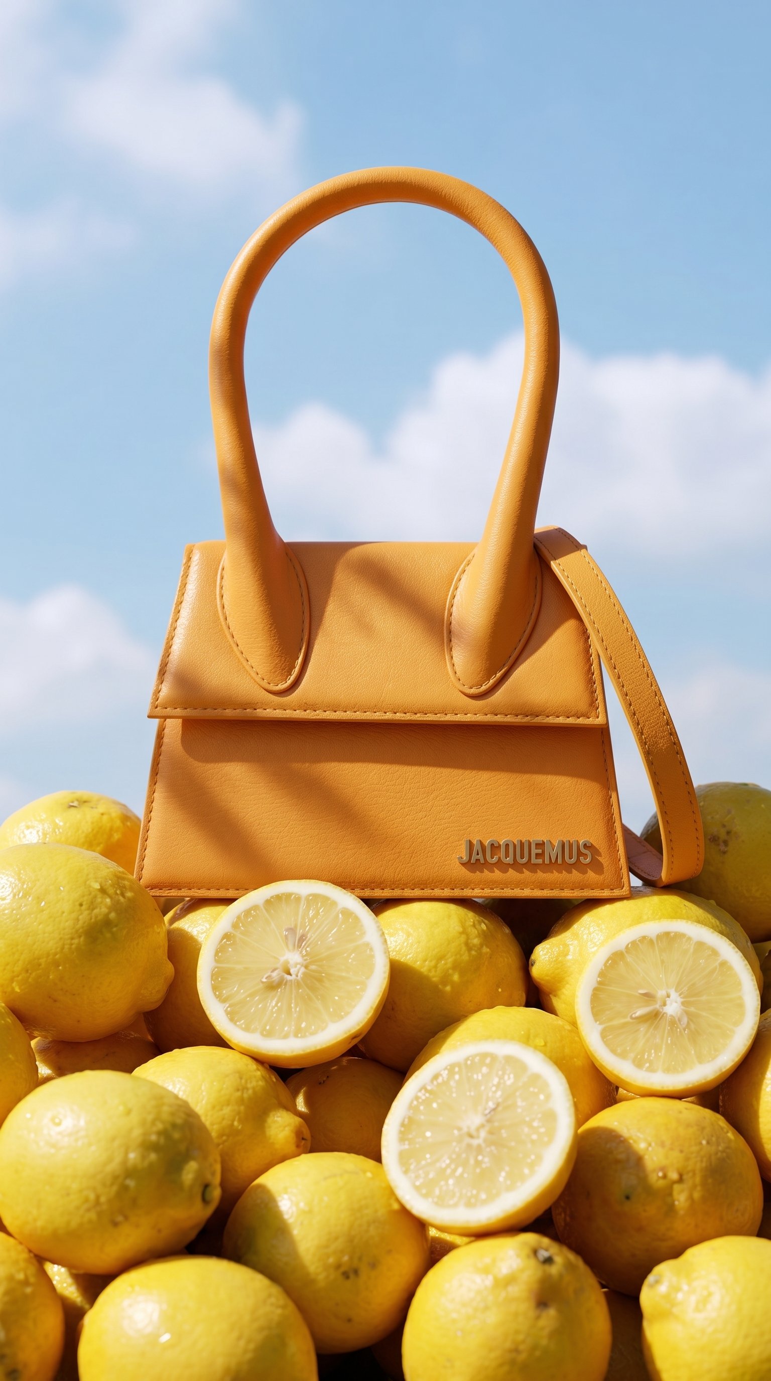 Floating lemon against a cloudy blue sky