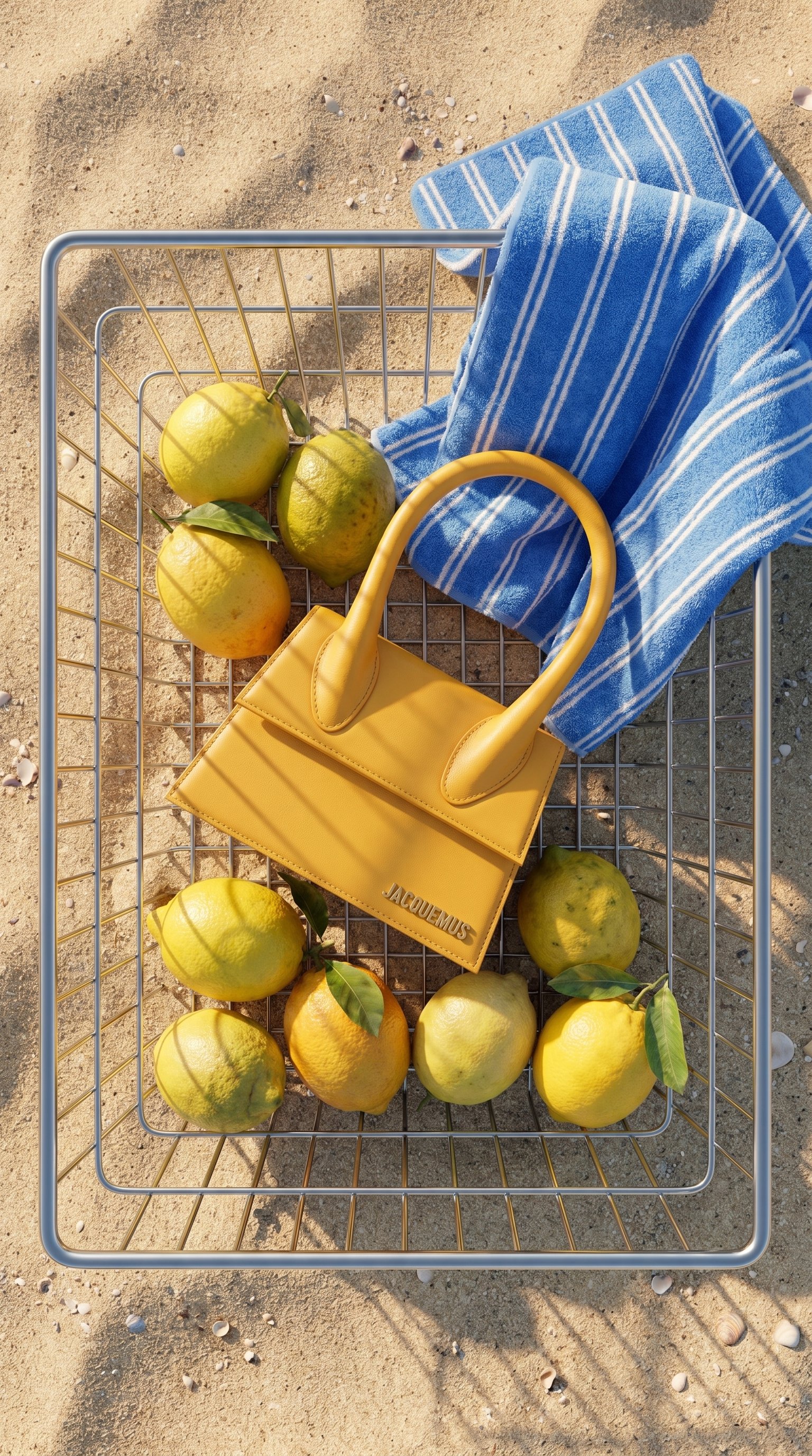 Yellow Jacquemus Le Grand Chiquito bag floating in a blue sky