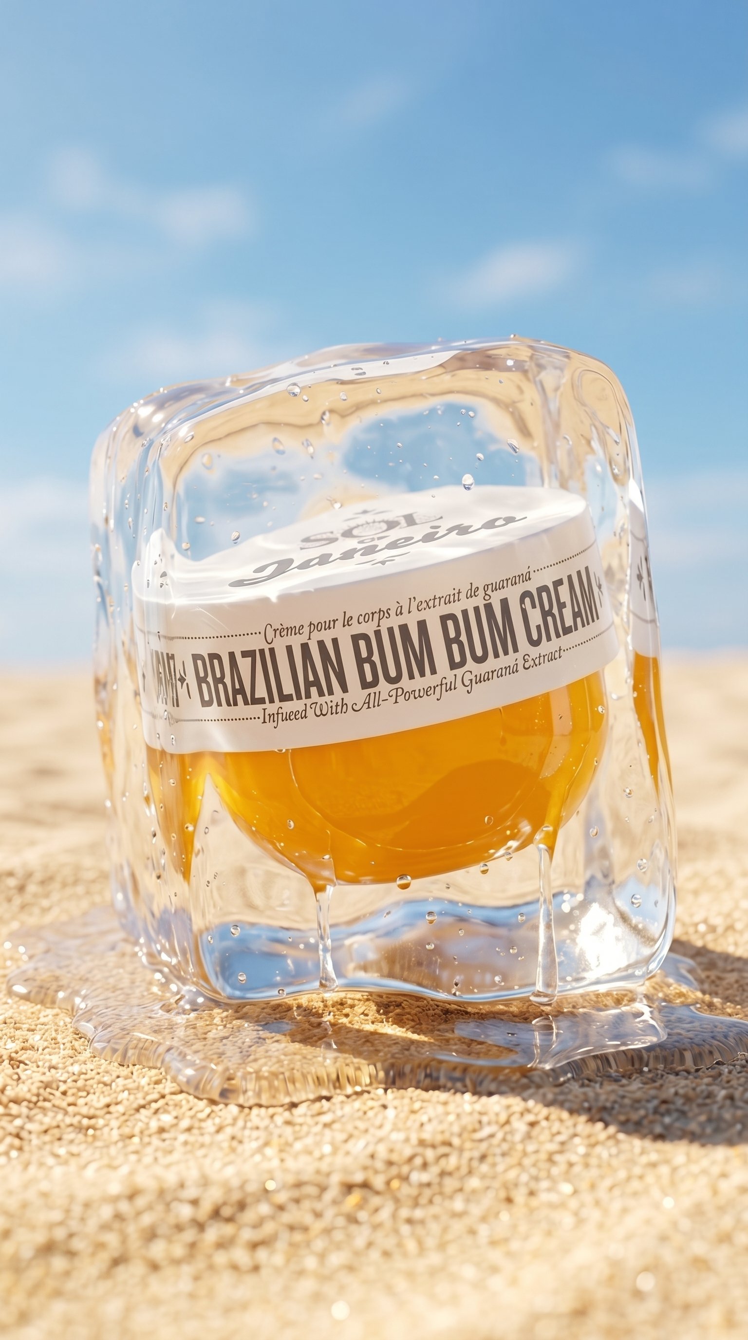 Sol de Janeiro jar frozen in an ice cube on sand